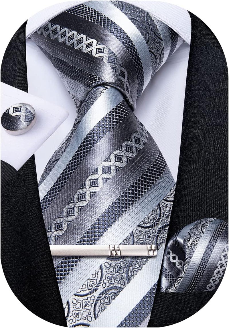 DiBanGu Mens Striped Tie Silk Woven Necktie and Pocket Square Cufflinks Tie Clip Set Wedding Business Formal Gift Tie for Men - Image 1